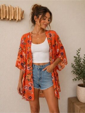 Cotton On Orange Floral Kimono Cover Up | Lightweight Boho Cardigan | Beach